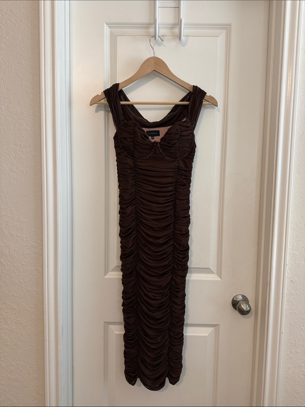 MAJORELLE Ruched Brown Sleeveless Midi Dress